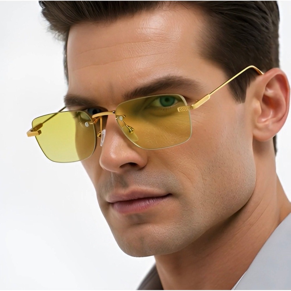 Mens Gold Rimless Rectangular Sunglasses Yellow Tinted Lens Retro Streetwear New
